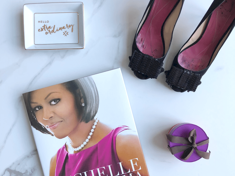 Styled to Sparkle Flat Lay | Michelle Obama Book | Trinket Tray | Sequin Bow Shoes | Kate Spade New York